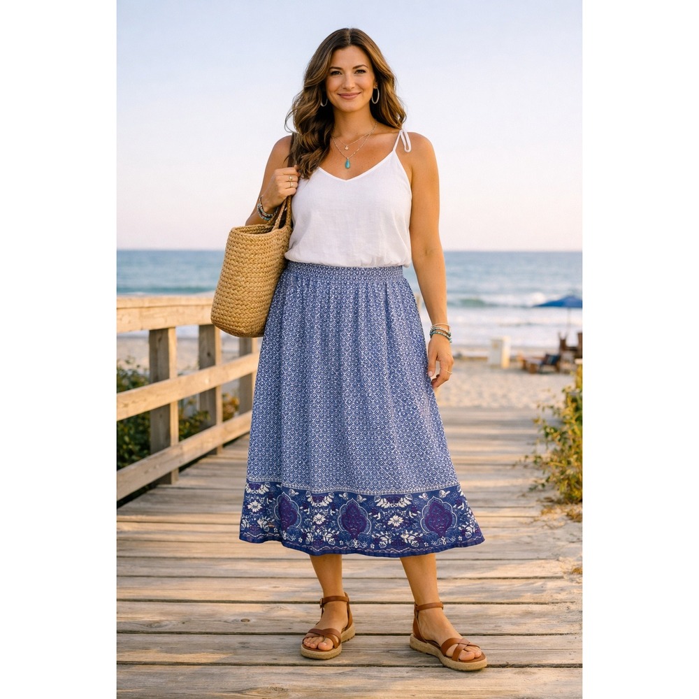 Midi Skirt Womens 1X Blue Boho Floral Cotton Blend Coastal Comfort Stretch Vacay